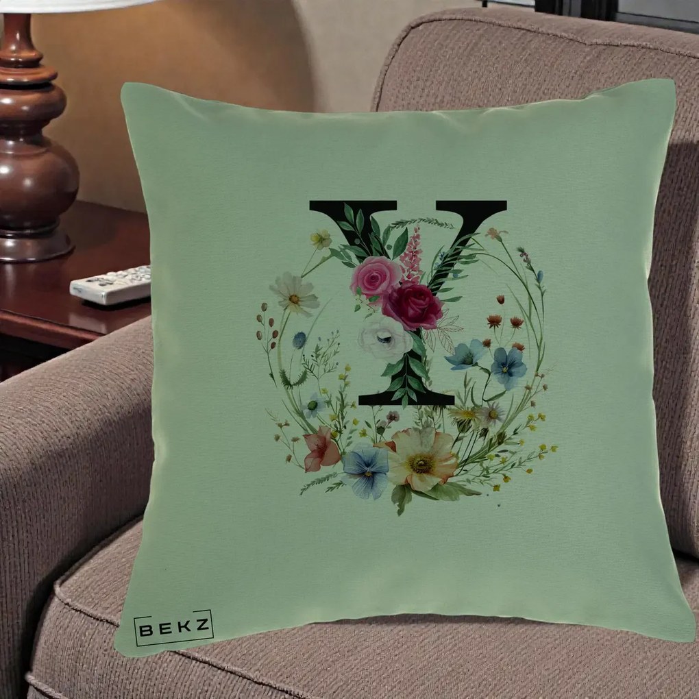 Cadou Personalizat - Perna Personalizata Monograma Florala Litera Y cu Coroana, 40x40 cm, Verde, Husa Detasabila, Perna Inclusa, BEKZ®
