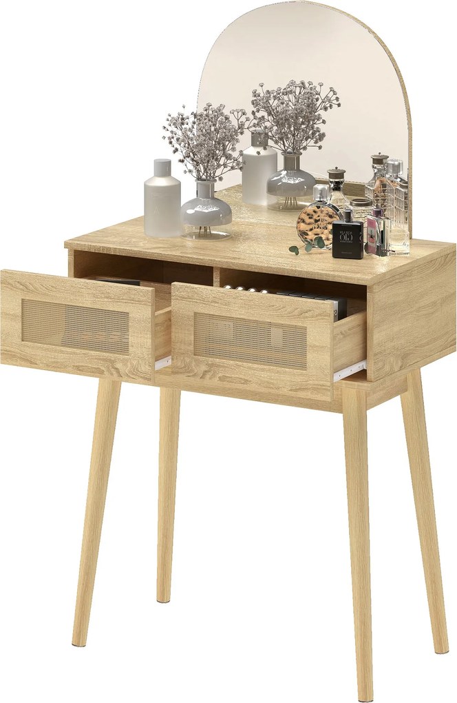 HOMCOM Masă de Machiaj cu Oglindă Arcuată 2 Sertare cu Față din Ratan pentru Spații Mici Natural | Aosom Romania