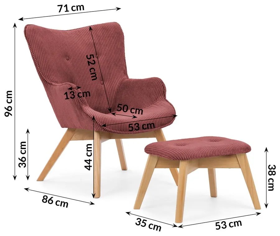 Fotoliu cu taburet roșu cu tapițerie din catifea reiată Niko – Ropez