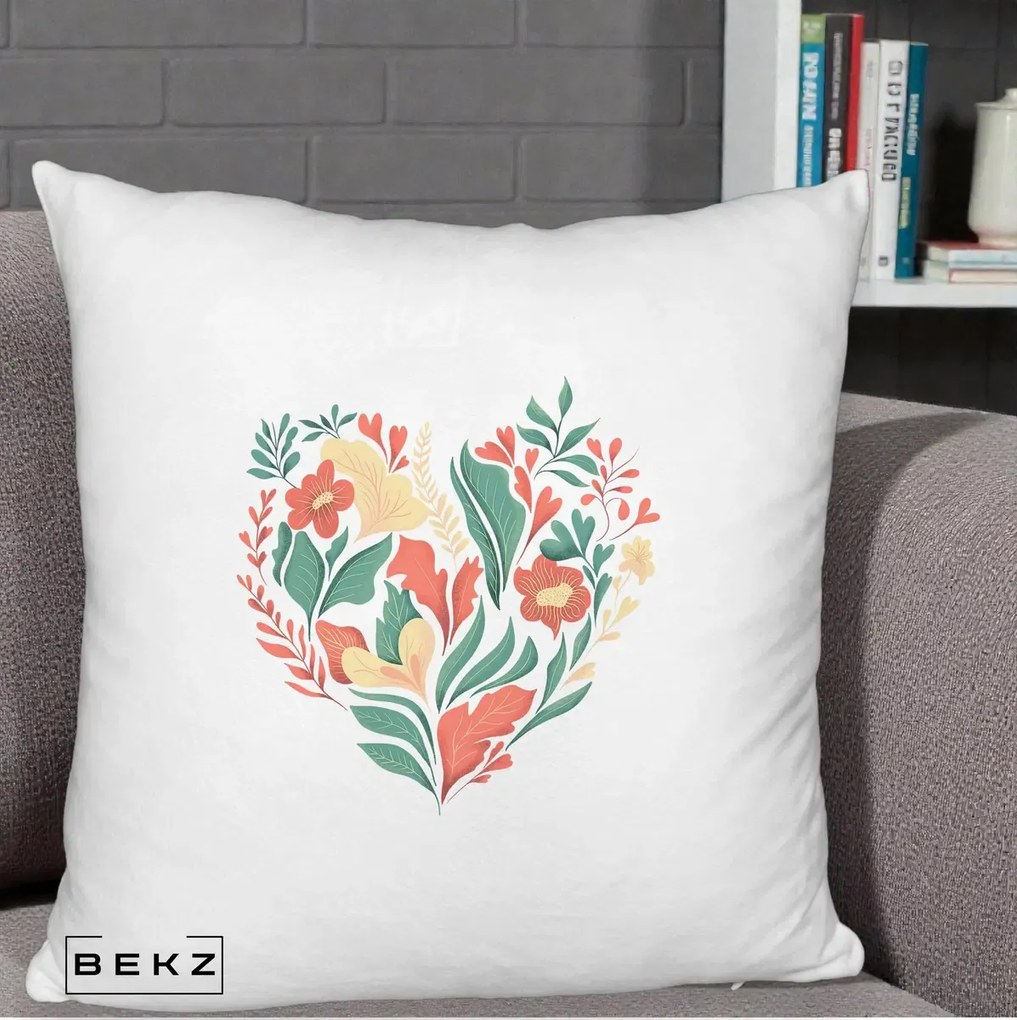 Perna Decorativa Inima Florala Botanica, 40x40 cm, Alb Pufos, Husa Detasabila, Perna Inclusa, BEKZ®