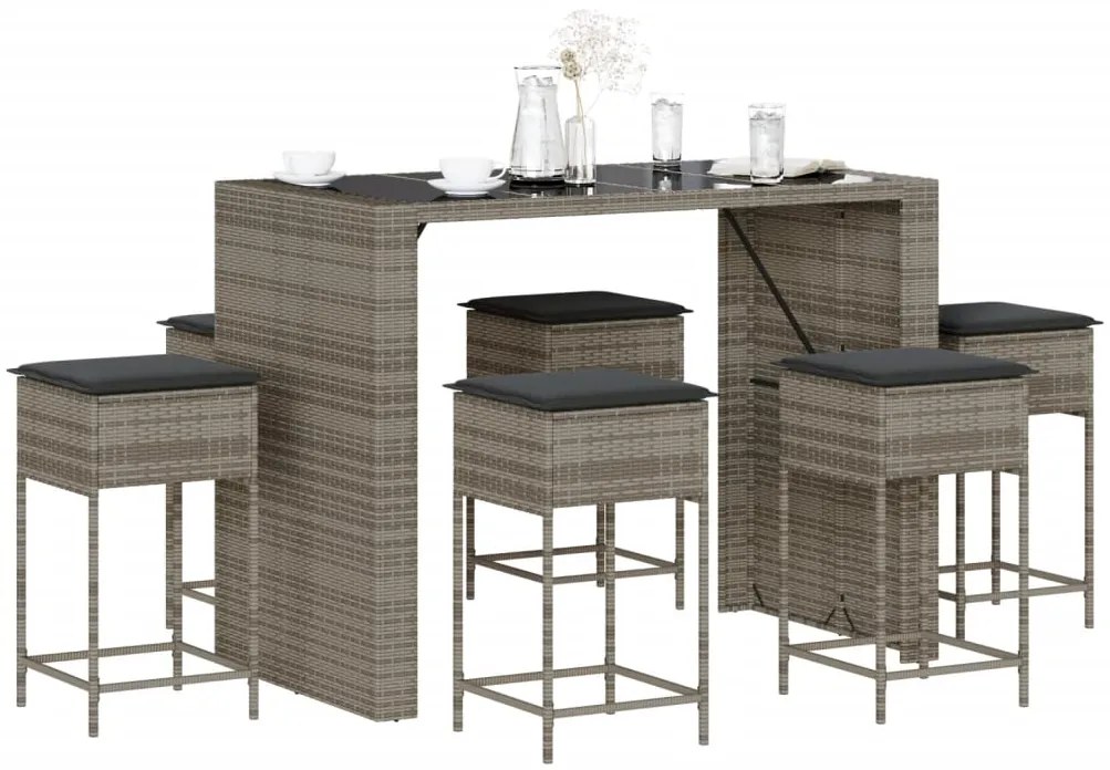 3261511 vidaXL Set mobilier bar de grădină cu perne, 7 piese, gri, poliratan