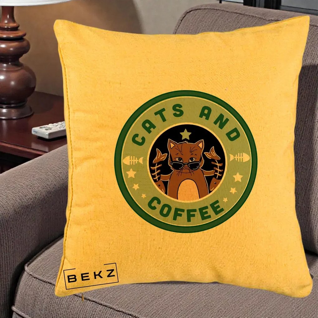 Perna Personalizata Cats and Coffee Starbucks, 40x40 cm, Galben, Husa Detasabila, Perna Inclusa, BEKZ®