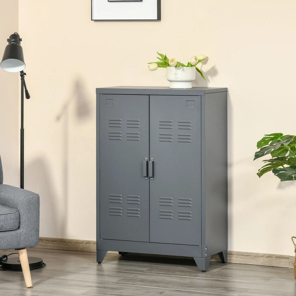 Dulapior Multifunctional cu 2 Usi Stil Industrial, Dulapior Metalic pentru Casa si Garaj - Gri, 75x33x110cm HOMCOM | Aosom RO