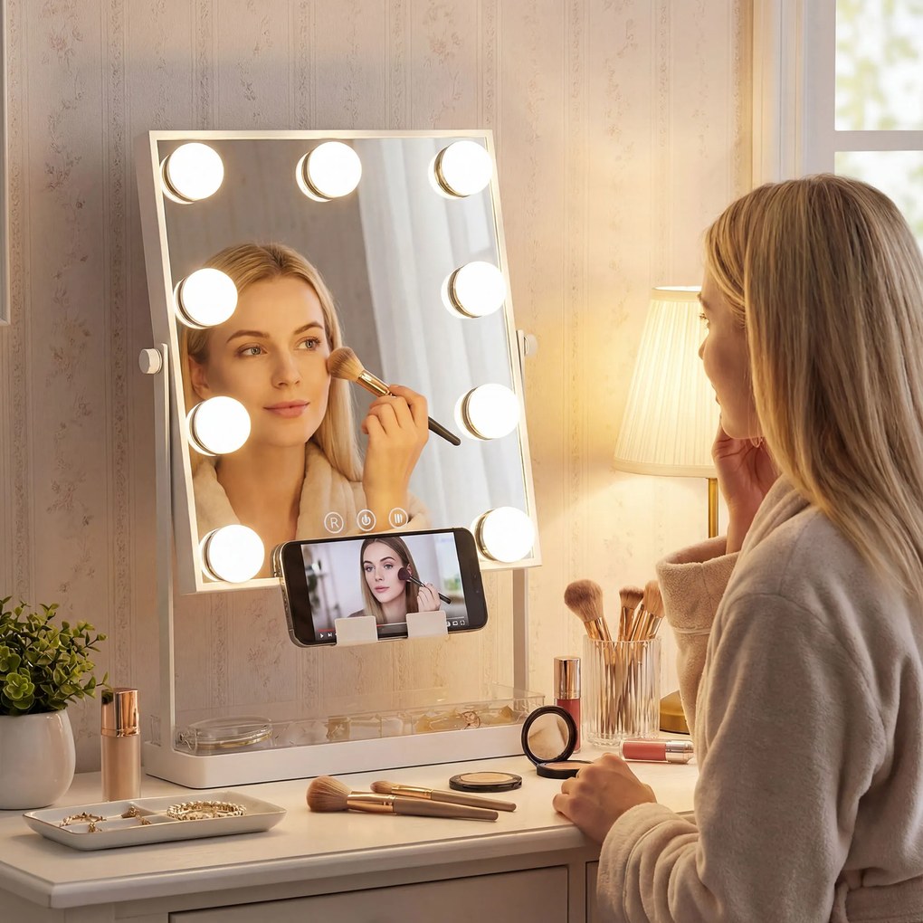 HOMCOM Hollywood Oglindă de machiaj cu lumină 9 becuri LED 3 culori comutator tactil suport pentru telefon Alb | Aosom Romania
