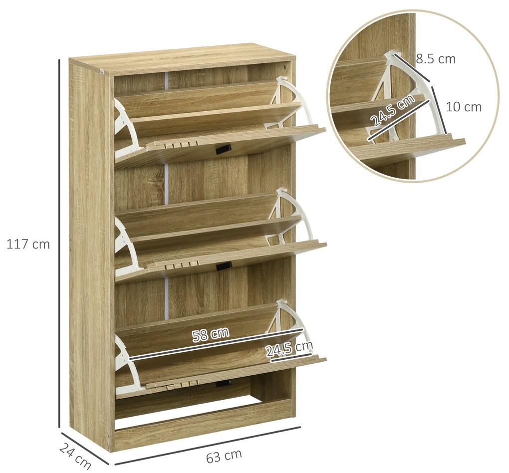 HOMCOM Dulap de pantofi cu 3 uși culisante 18 perechi capacitate mare pentru intrare hol living 63 x 24 x 117 cm stejar | Aosom Romania