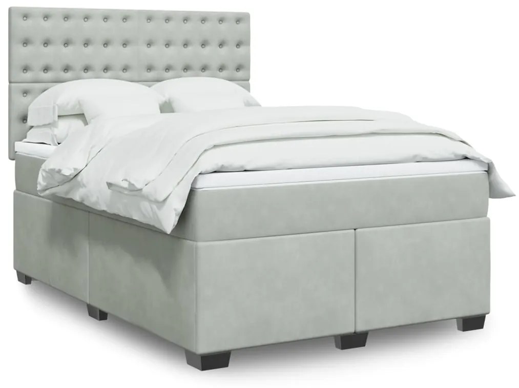 vidaXL Pat box spring cu saltea, gri deschis, 140x190 cm, catifea