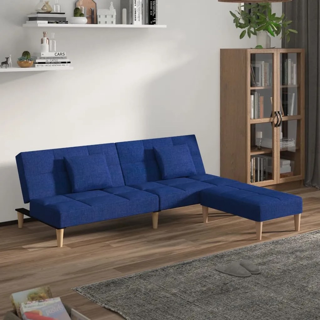 3080605 vidaXL Canapea extensibilă 2 locuri, 2 perne&taburet, albastru, textil