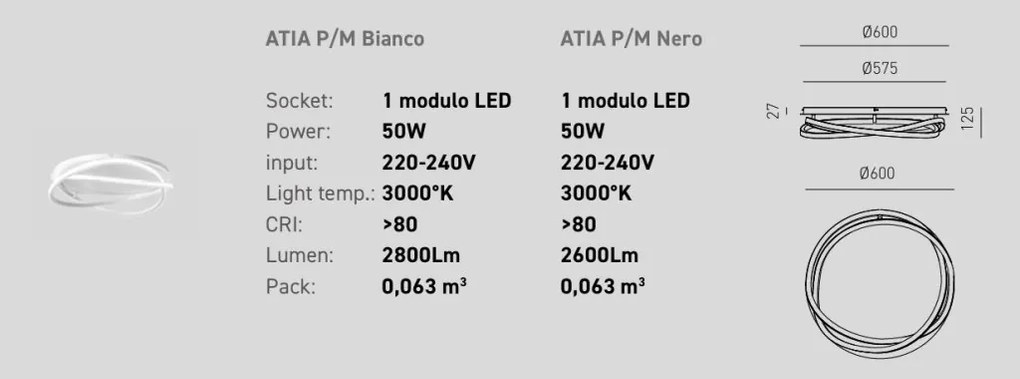 Plafoniera LED design modern ATIA 60cm alb sau negru