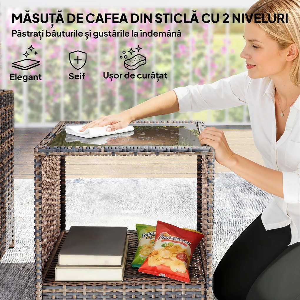 Outsunny Set de Mobilier de Grădină din Rattan 5 Piese, Set de Mobilier Exterior cu 2 Suporturi pentru Picioare, 2 Fotolii, Masă de Cafea cu 2 Niveluri, Perne, pentru Balcon, Terasă, Patio, Maro/Crem | Aosom Romania