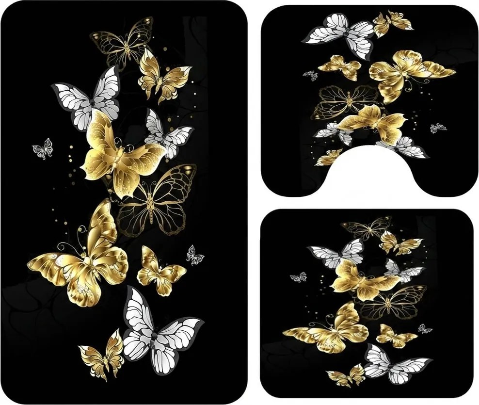 Set covoare baie antiderapante, 3 piese, model fluturi eleganti