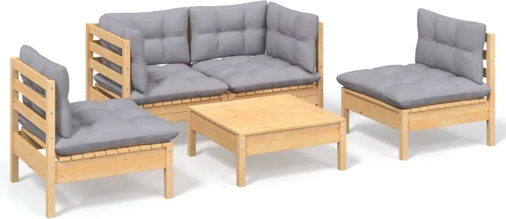 vidaXL Set mobilier de grădină cu perne gri, 5 piese, lemn masiv pin