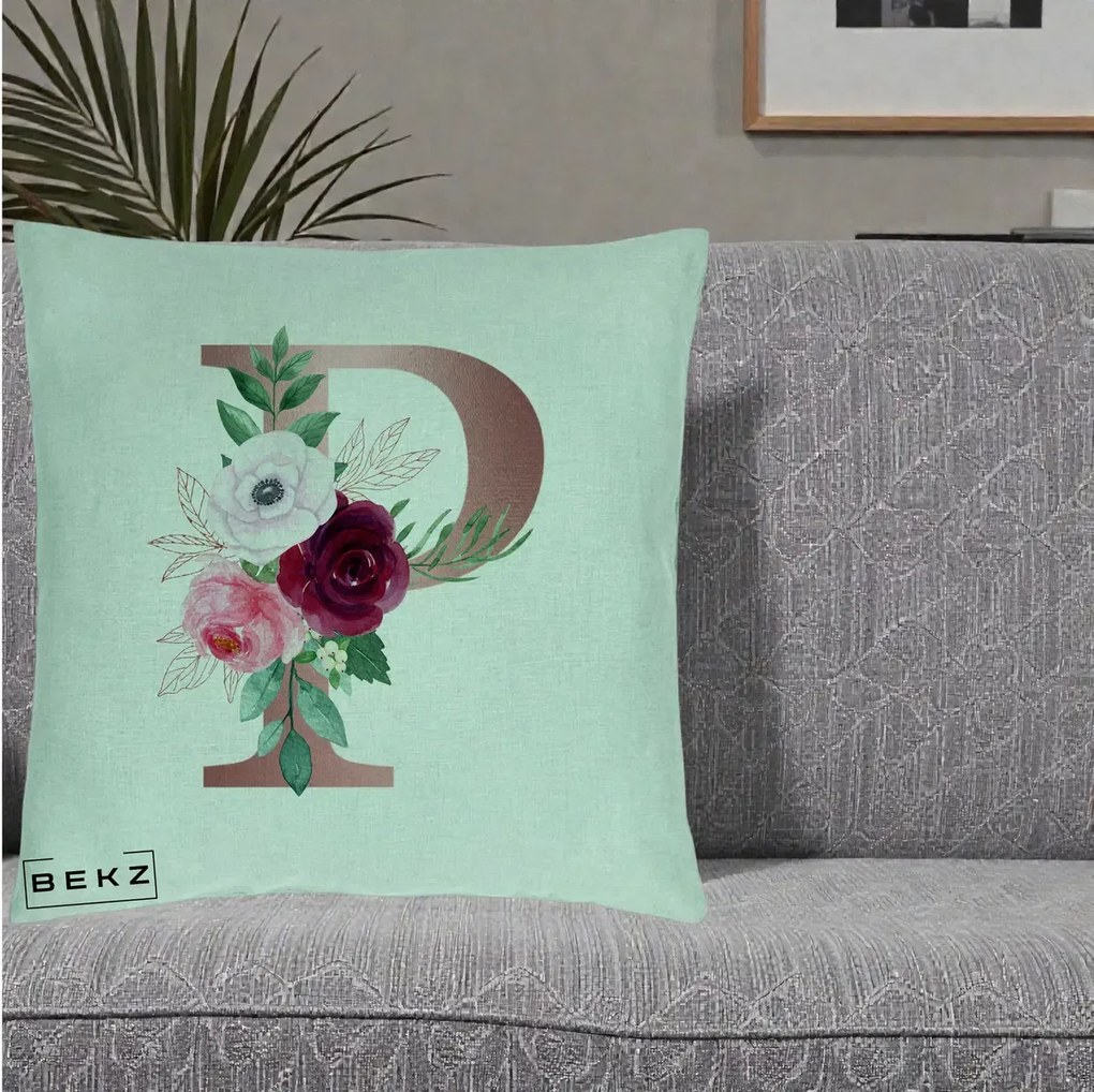 Cadou Personalizat - Perna Personalizata Monograma Rose Gold Litera P, 40x40 cm, Verde Menta, Husa Detasabila, Perna Inclusa, BEKZ®