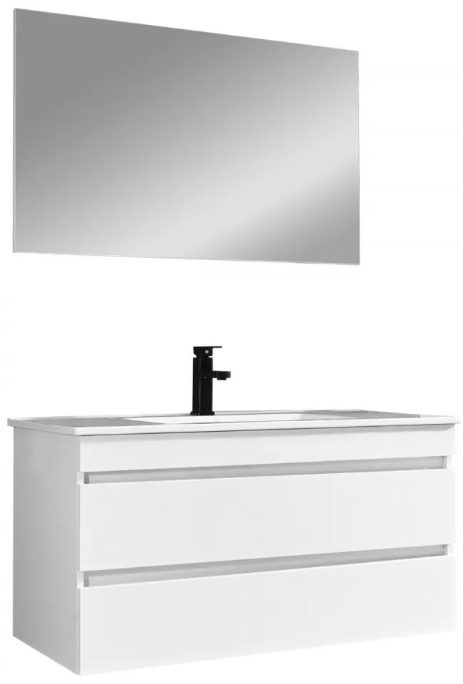 Mobilier de baie Cube 100 cm cu chiuvetă ceramică (2 sertare) și oglindă 60x100 cm vopsită în alb lucios