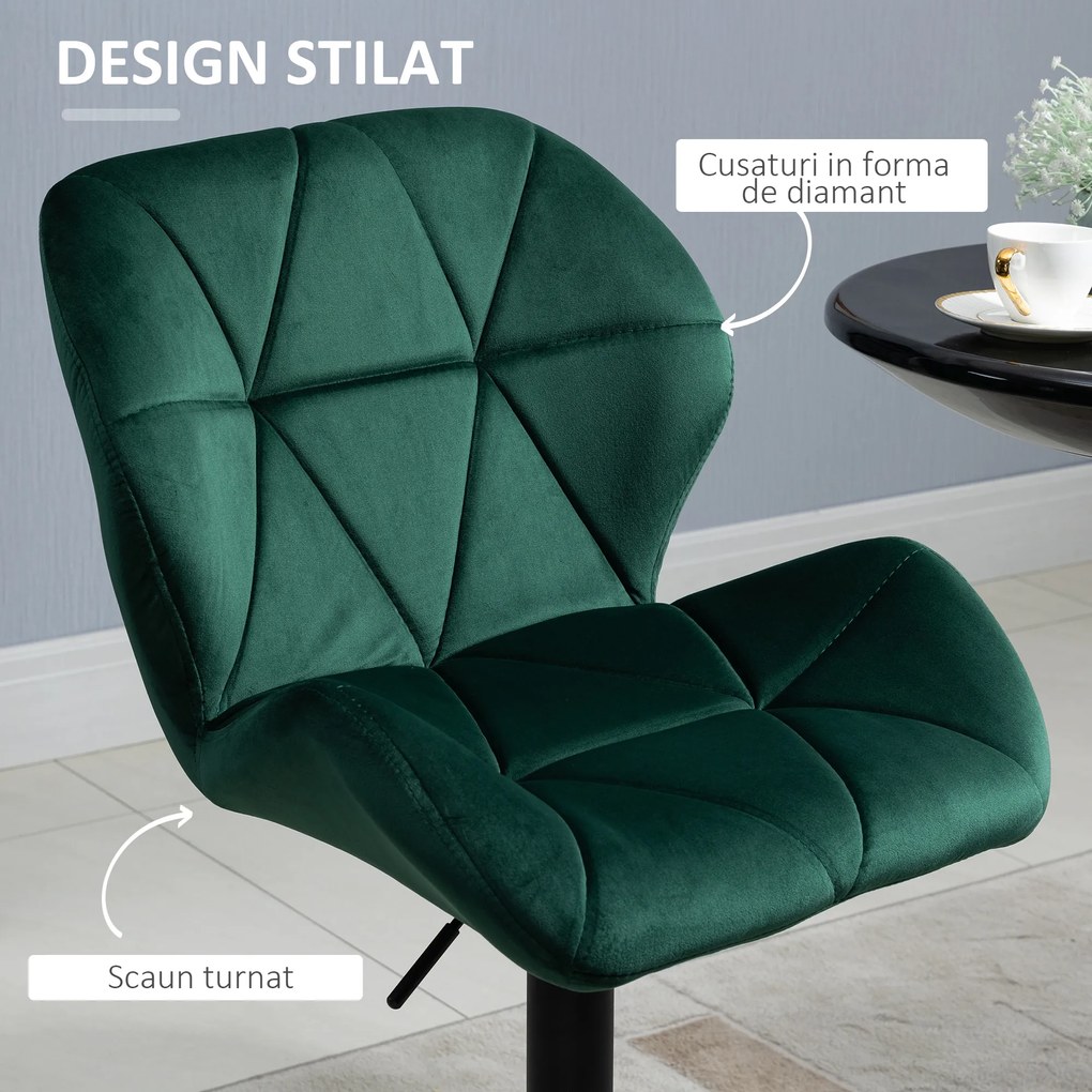 HOMCOM Set 2 Scaune de Bar cu Înălțime Reglabilă, Bază Metalică și Șezut din Catifea, 46x48x83-104 cm, Verde | Aosom Romania