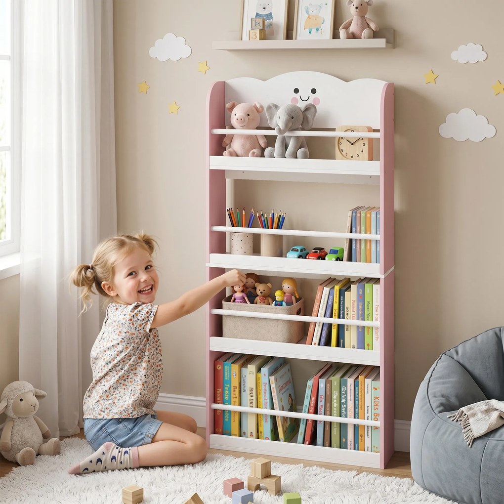 AIYAPLAY Bibliotecă Montessori Copii 3-6 Ani, Tematică Vată de Zahăr, 4 Rafturi din Lemn, Cameră Copii, Roz | Aosom Romania