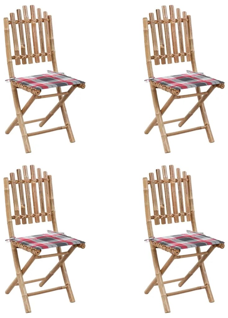 Set mobilier de exterior pliabil, cu perne, 5 piese, bambus model rosu carouri, 40 x 40 x 4 cm, 5