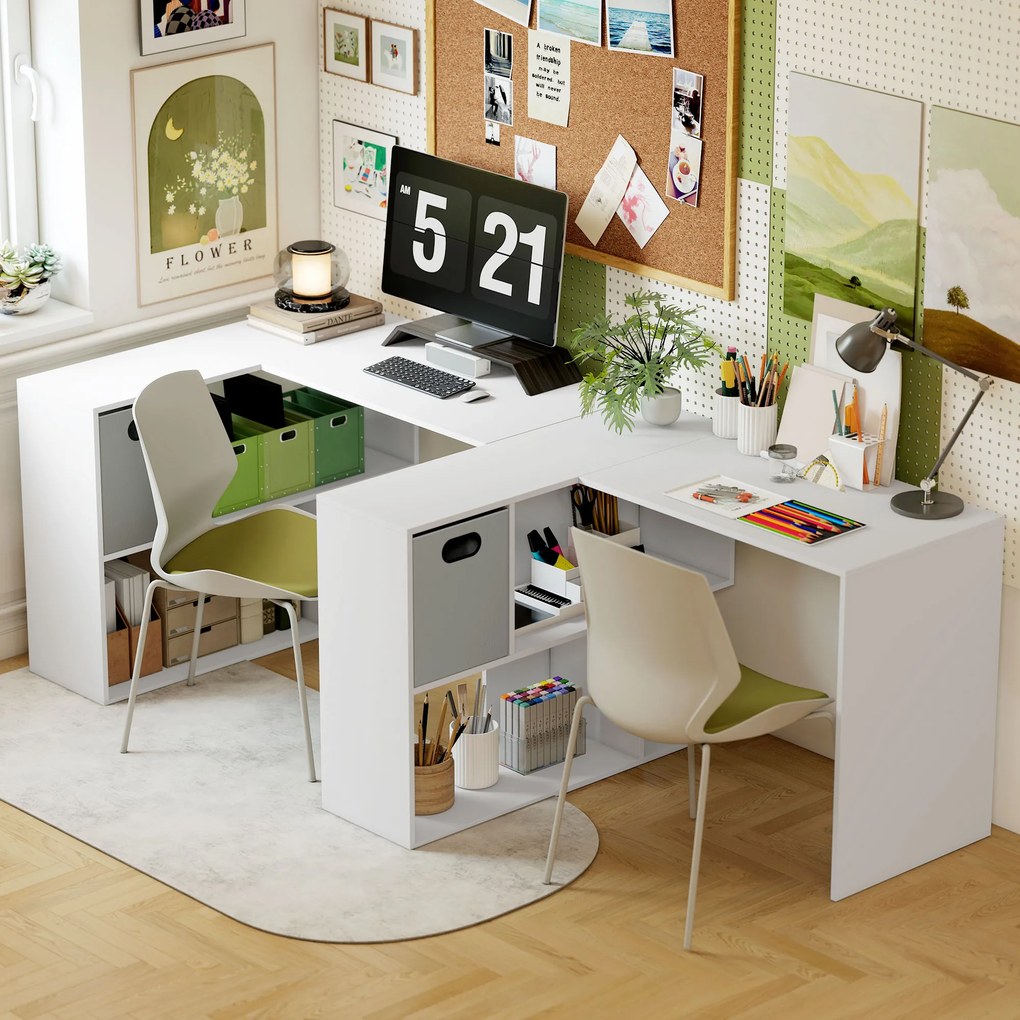 HOMCOM Birou Colțar pentru Computer, 110x100 cm, Birou în Formă de L cu Raft și Sertar din Material Textil, Masă pentru PC pentru Dormitor, Birou și Studio, Alb | Aosom Romania