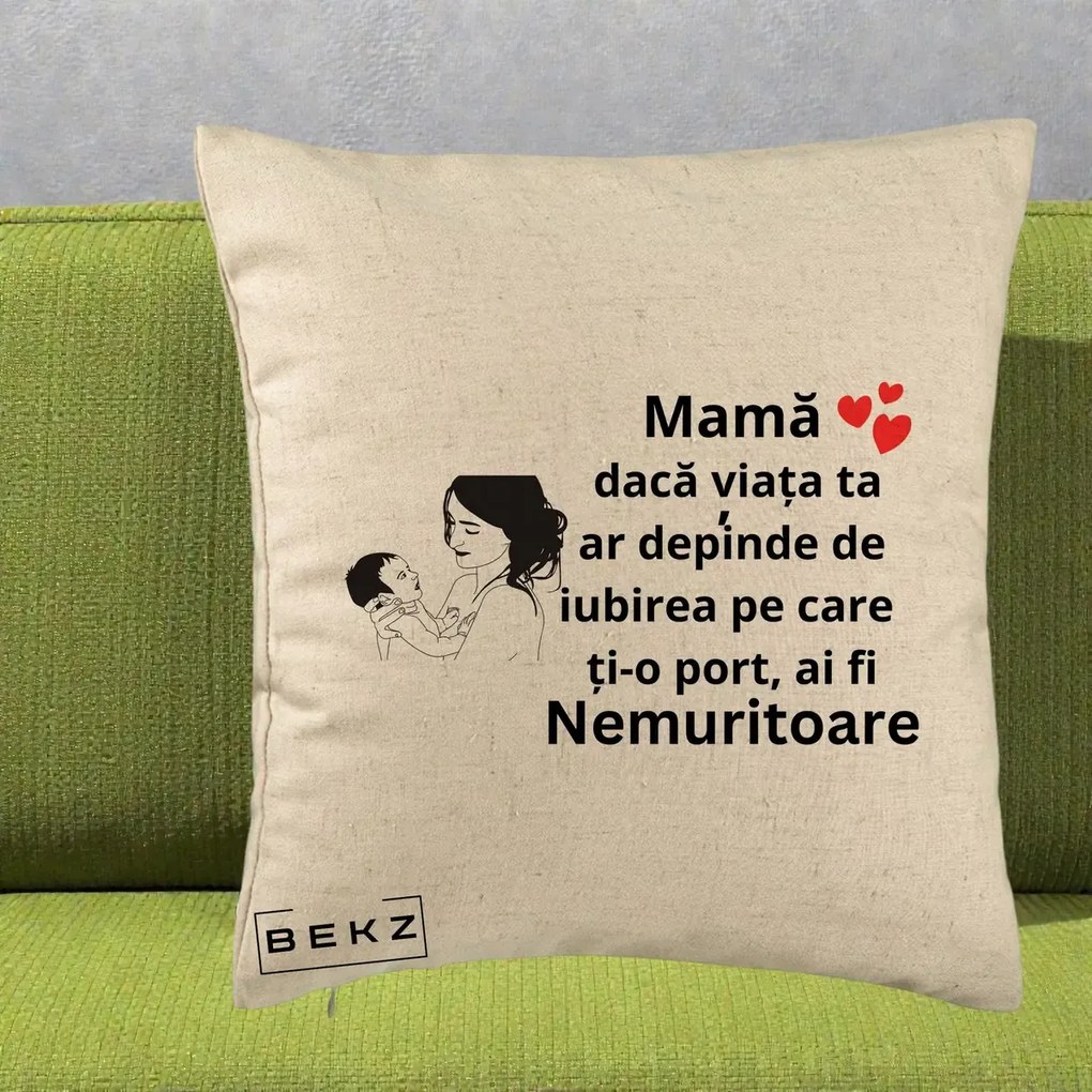 Cadou pentru Mama - Perna Personalizata Mama Nemuritoare Imbratisare Copil, 40x40 cm, Bej, Husa Detasabila, Perna Inclusa, BEKZ®