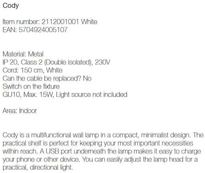 Aplica de perete, directionabila, port usb, design modern CODY alb 2112001001 NL