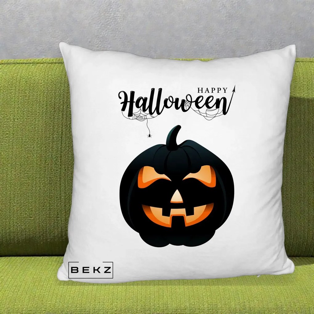 Perna Decorativa Happy Halloween Dovleac Negru cu Paianjen, 40x40 cm, Alb Pufos, Husa Detasabila, Perna Inclusa, BEKZ®