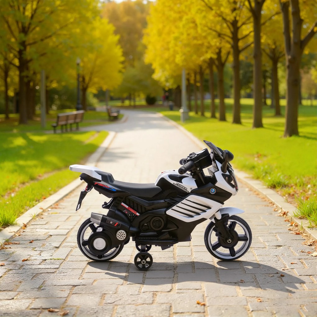 AIYAPLAY Motocicletă electrică pentru copii 18-36 luni, 6V, cu roți detașabile, faruri și muzică, albă | Aosom Romania