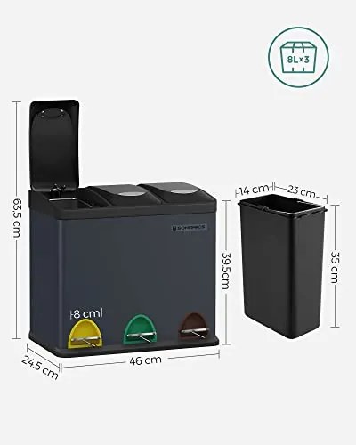 Cos de Gunoi cu 3 Compartimente pentru Reciclare, Metal / Plastic, Volum 24 L, Negru / Albastru, Vasagle, LTB24BK