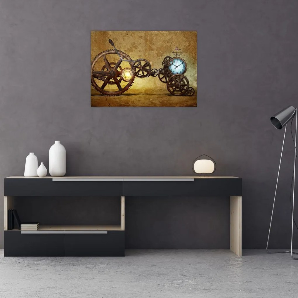 Tablou pe sticlă cu aparatele istorice ale ceasurilor (70x50 cm)