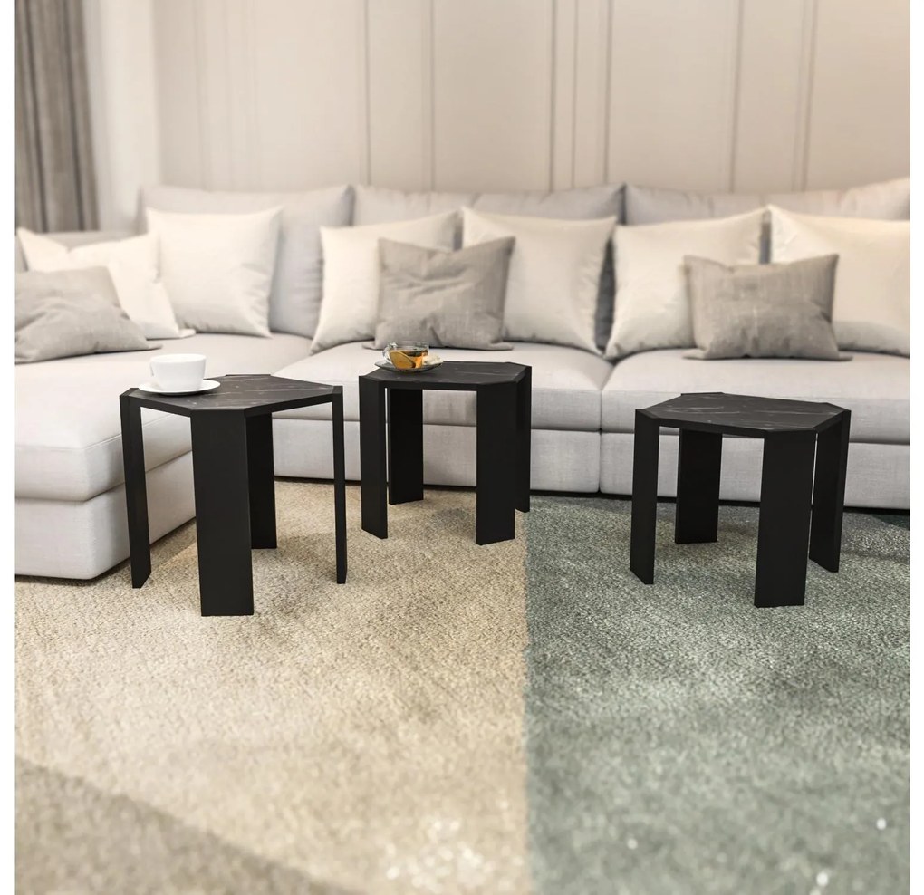 Set 3 măsuțe cafea Lorizolla (marmură negru + Negru). 1106452