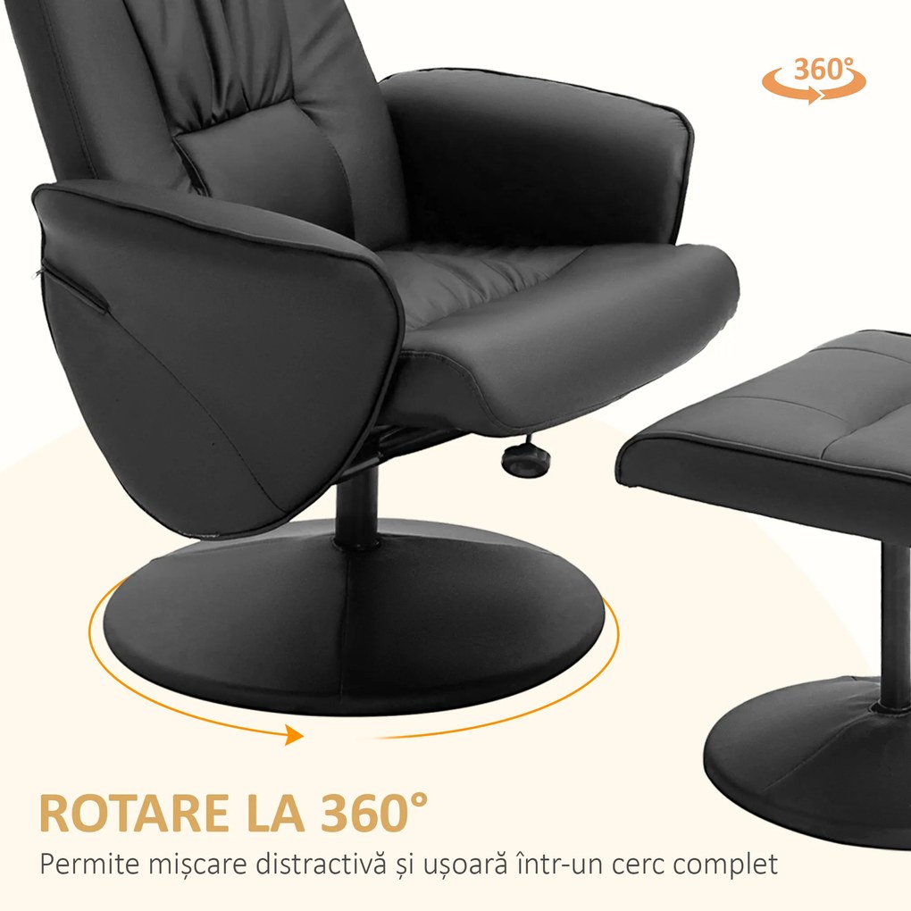 HOMCOM Fotoliu Relax Rotativ 360° din Metal și Piele Sintetică, cu Suport pentru Picioare, Spătar Reglabil, Negru | Aosom Romania