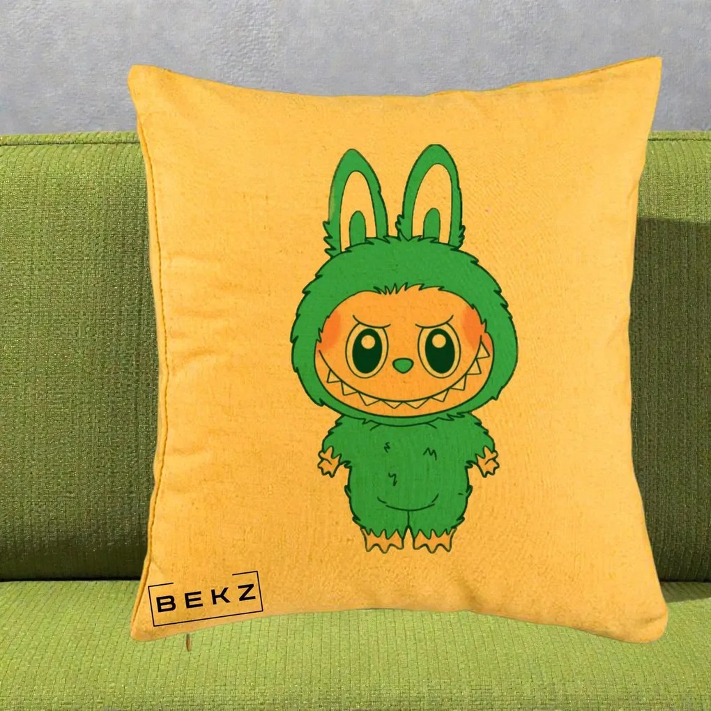 Perna Personalizata Labubu Turcoaz, 40x40 cm, Galben, Husa Detasabila, Perna Inclusa, BEKZ®