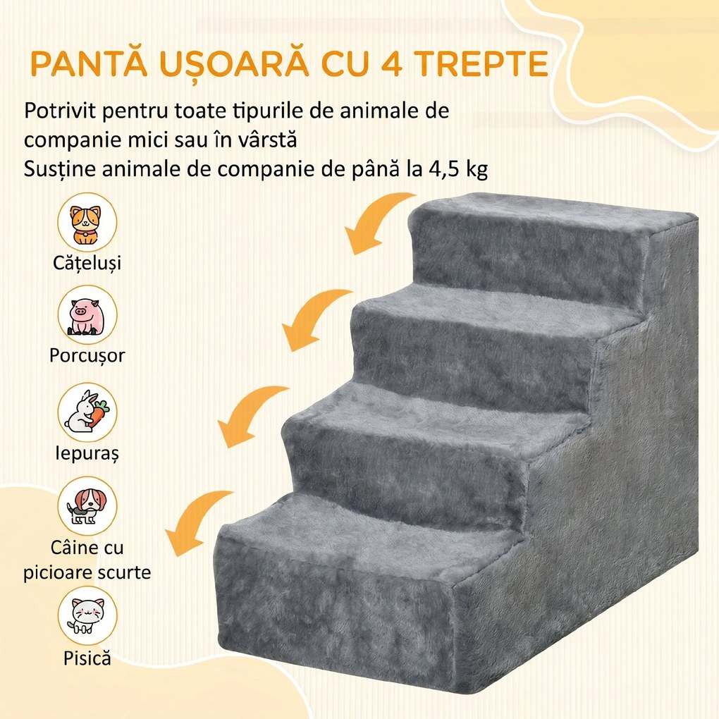 PawHut Scăriță pentru Câini Portabilă cu 4 Trepte, Scară pentru Animale Domestice, 60x35x44 cm, Gri Deschis | Aosom Romania