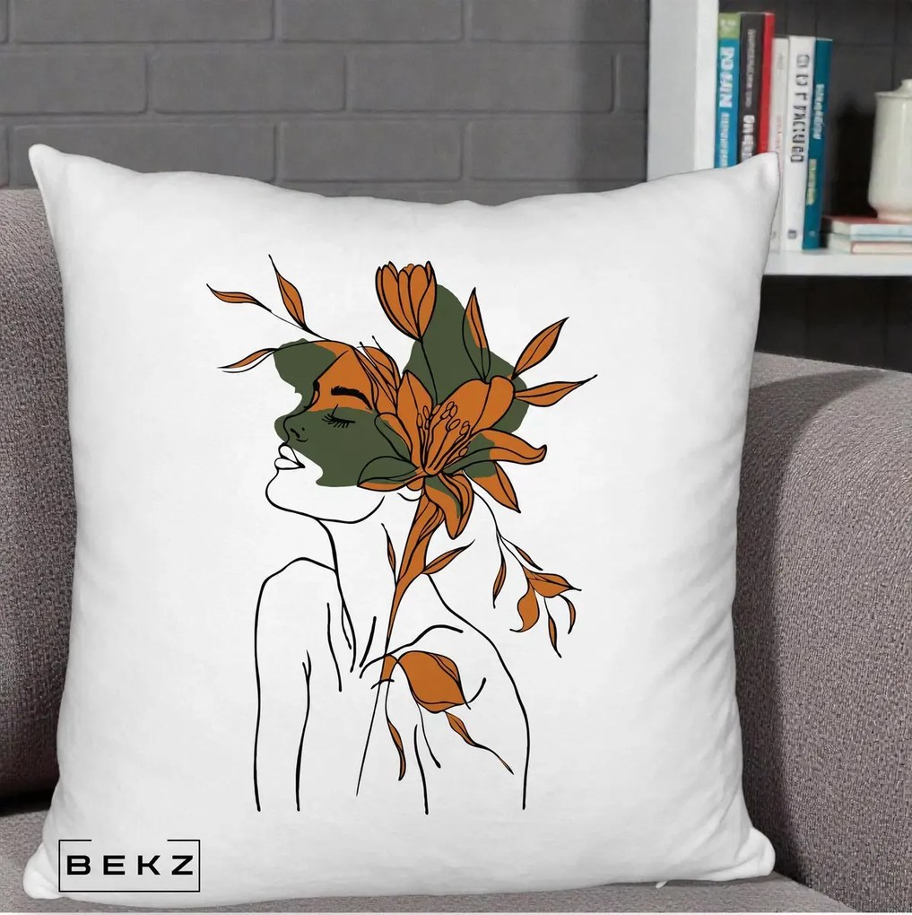 Perna Decorativa Portret Feminin Crin Auriu, 40x40 cm, Alb Pufos, Husa Detasabila, Perna Inclusa, BEKZ®