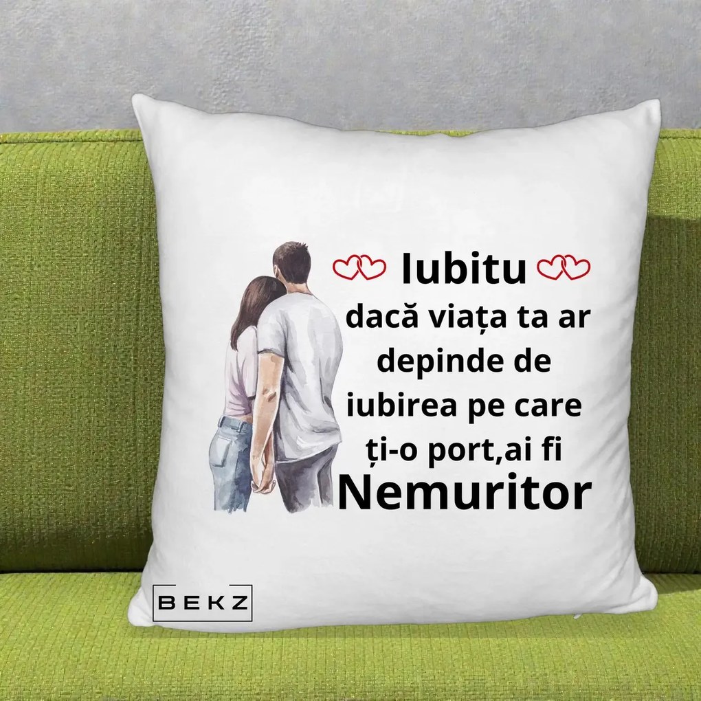 Cadou pentru Iubita - Perna Personalizata Iubitu Nemuritor cu Cuplu Acuarela si Inimi Rosii, 40x40 cm, Alb Pufos, Husa Detasabila, Perna Inclusa, BEKZ®