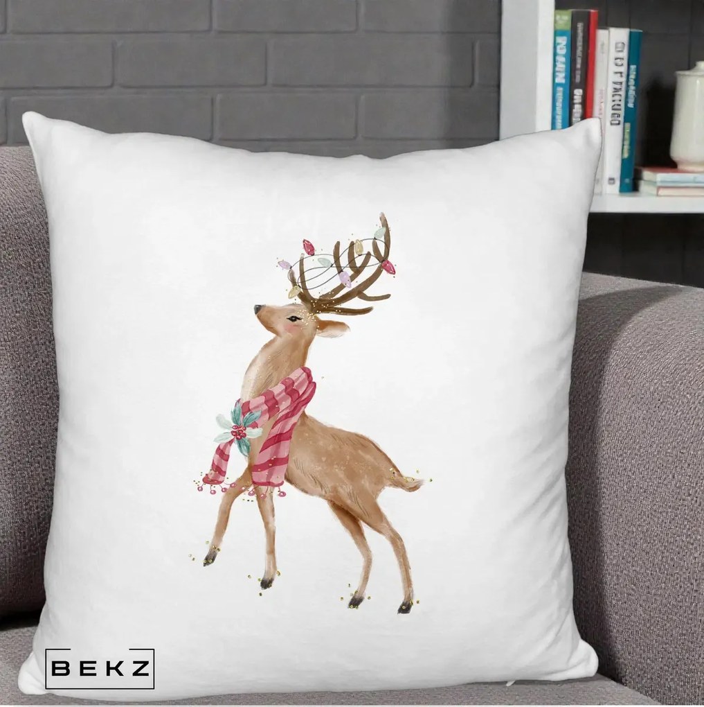 Perna Decorativa Renita cu Fular si Luminite, 40x40 cm, Alb Pufos, Husa Detasabila, Perna Inclusa, BEKZ®