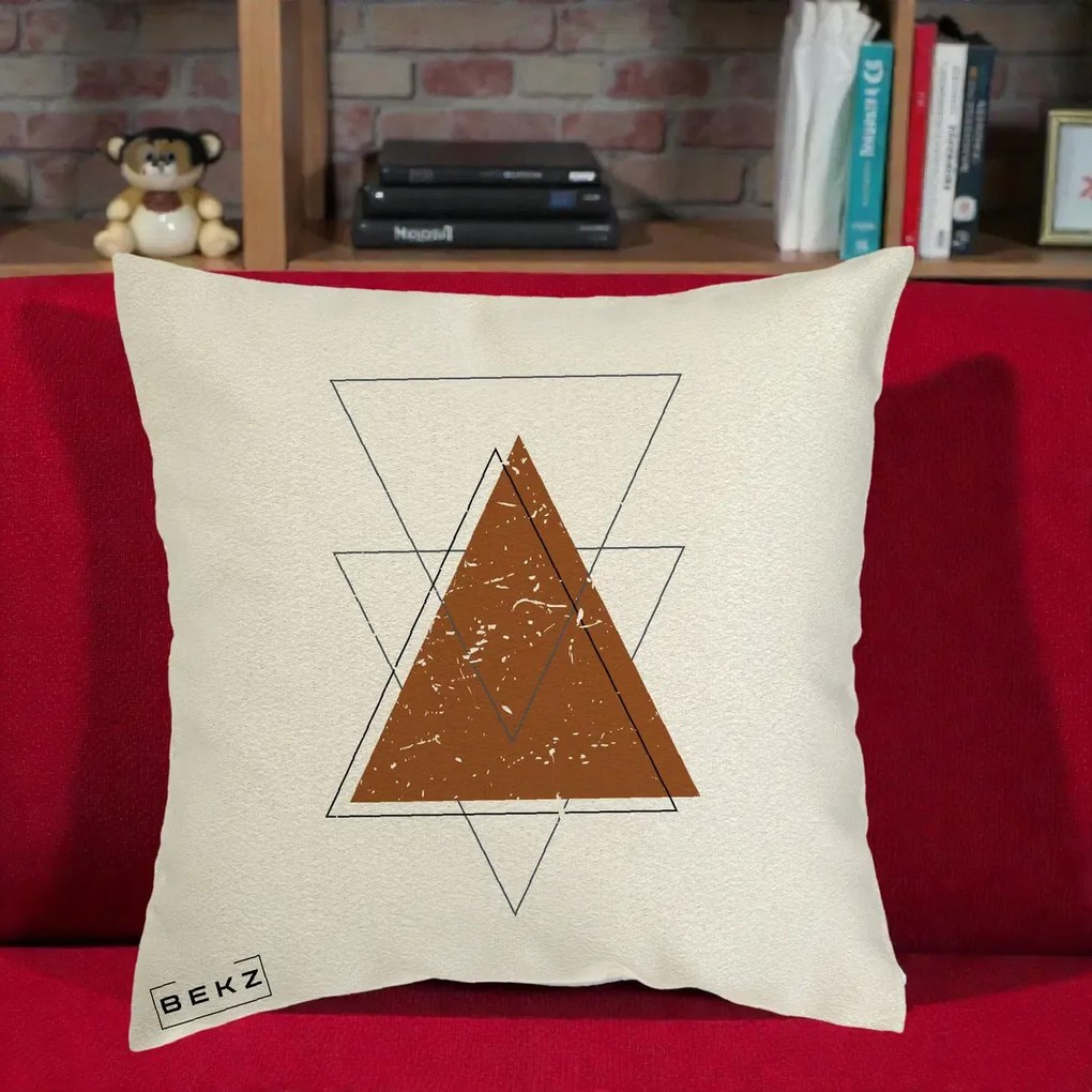 Perna Decorativa Geometric Triunghiuri Sacred, 40x40 cm, Ecru, Husa Detasabila, Perna Inclusa, BEKZ®