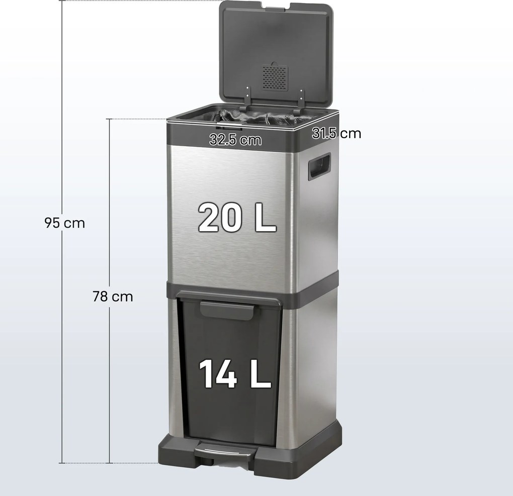 HOMCOM Coș de gunoi 20+14L cu pedală, capac, compartiment basculant, coșuri interioare detașabile, oțel inoxidabil 32,5 x 31,5 x 78 cm Argintiu | Aosom Romania