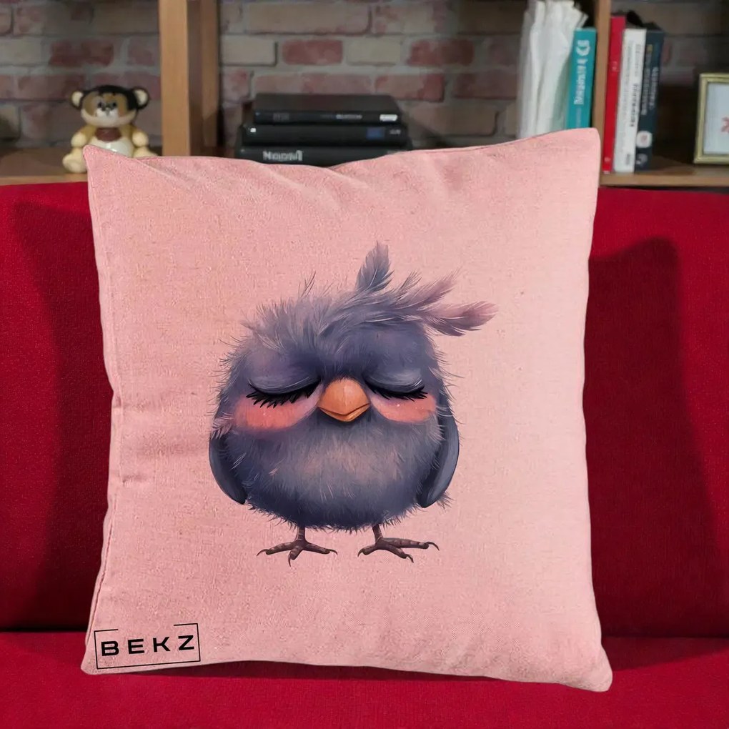 Perna Decorativa Pui Adormit Albastru, 40x40 cm, Roz, Husa Detasabila, Perna Inclusa, BEKZ®