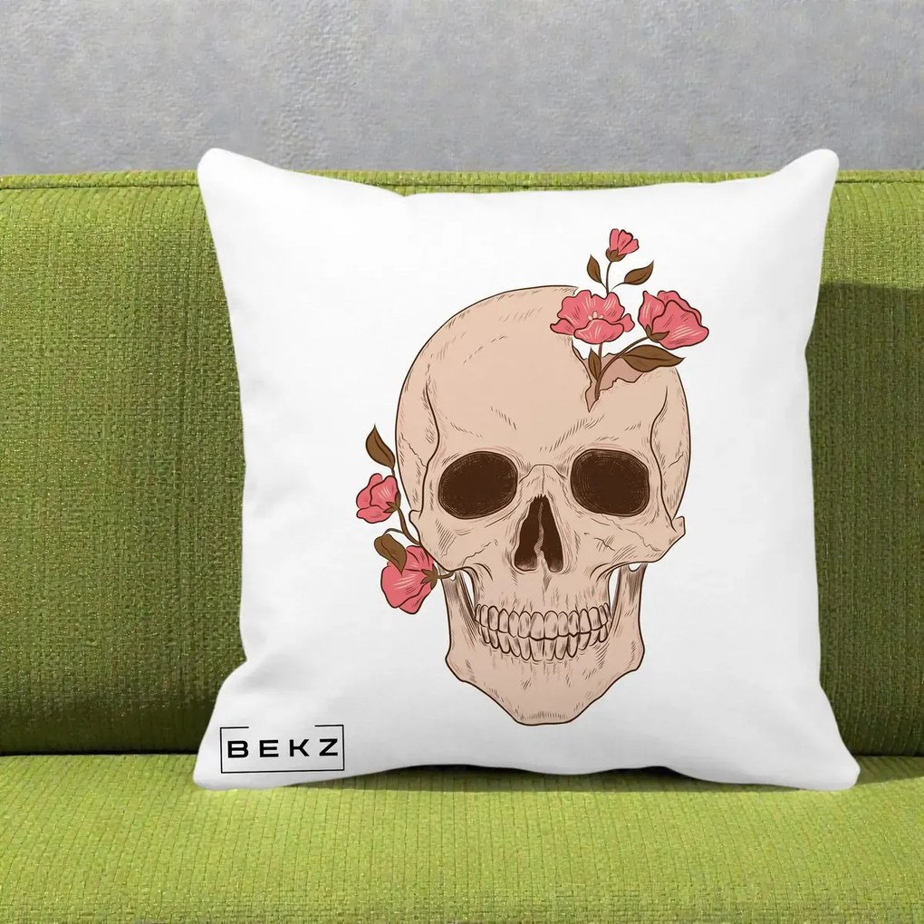 Perna Decorativa Craniu Floral Gothic, 40x40 cm, Alba Mata, Husa Detasabila, Perna Inclusa, BEKZ®
