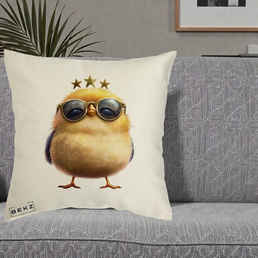 Perna Decorativa Pui Gold Star cu Ochelari Aurii, 40x40 cm, Ecru, Husa Detasabila, Perna Inclusa, BEKZ®