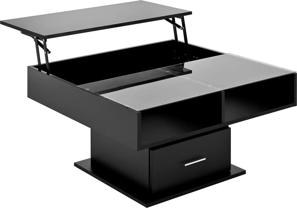 Masă de cafea multifuncțională, cu finisaj lucios și lift, cu iluminare LED, reglabilă pe înălțime și cu spațiu de depozitare flexibil, 78x78x45,5 cm, Negru
