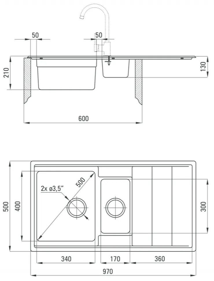 Chiuveta bucatarie doua cuve inox cu picurator crom Deante, Bolero