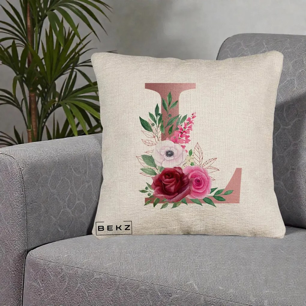 Cadou Personalizat - Perna Personalizata Monograma Rose Gold Litera L, 40x40 cm, Bej Canapea, Husa Detasabila, Perna Inclusa, BEKZ®