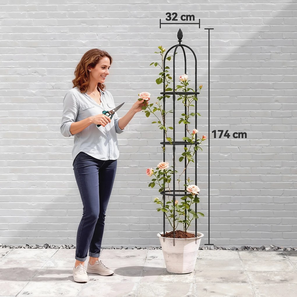 Outsunny Set de 2 Suporturi pentru Plante Cățărătoare înalte de 1,74 m, Suporturi din Oțel cu Decorațiuni, pentru Trandafiri, Roșii, Flori, Mazăre și Legume, Negru | Aosom Romania