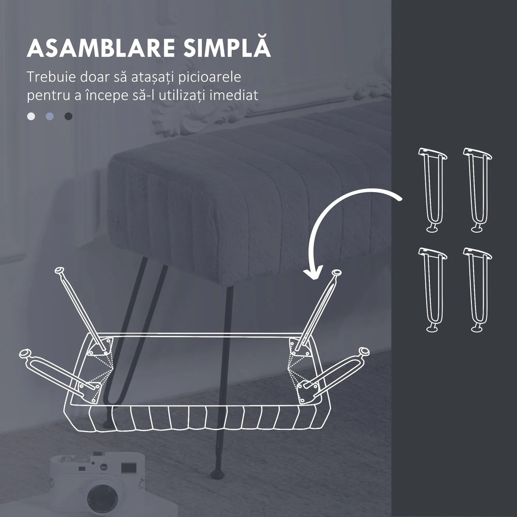 HOMCOM Bancă de Pat Tapițată cu Piele Ecologică și Lemn, Bancă de Intrare cu Picioare Metalice, 82x30x47 cm, Gri | Aosom Romania