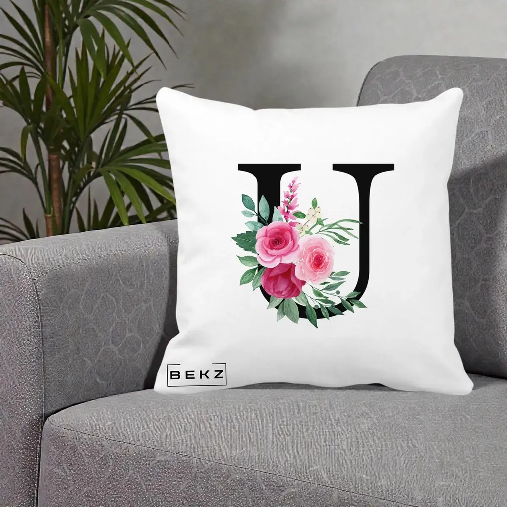 Cadou Personalizat - Perna Personalizata Monograma Florala Litera U, 40x40 cm, Alba Mata, Husa Detasabila, Perna Inclusa, BEKZ®