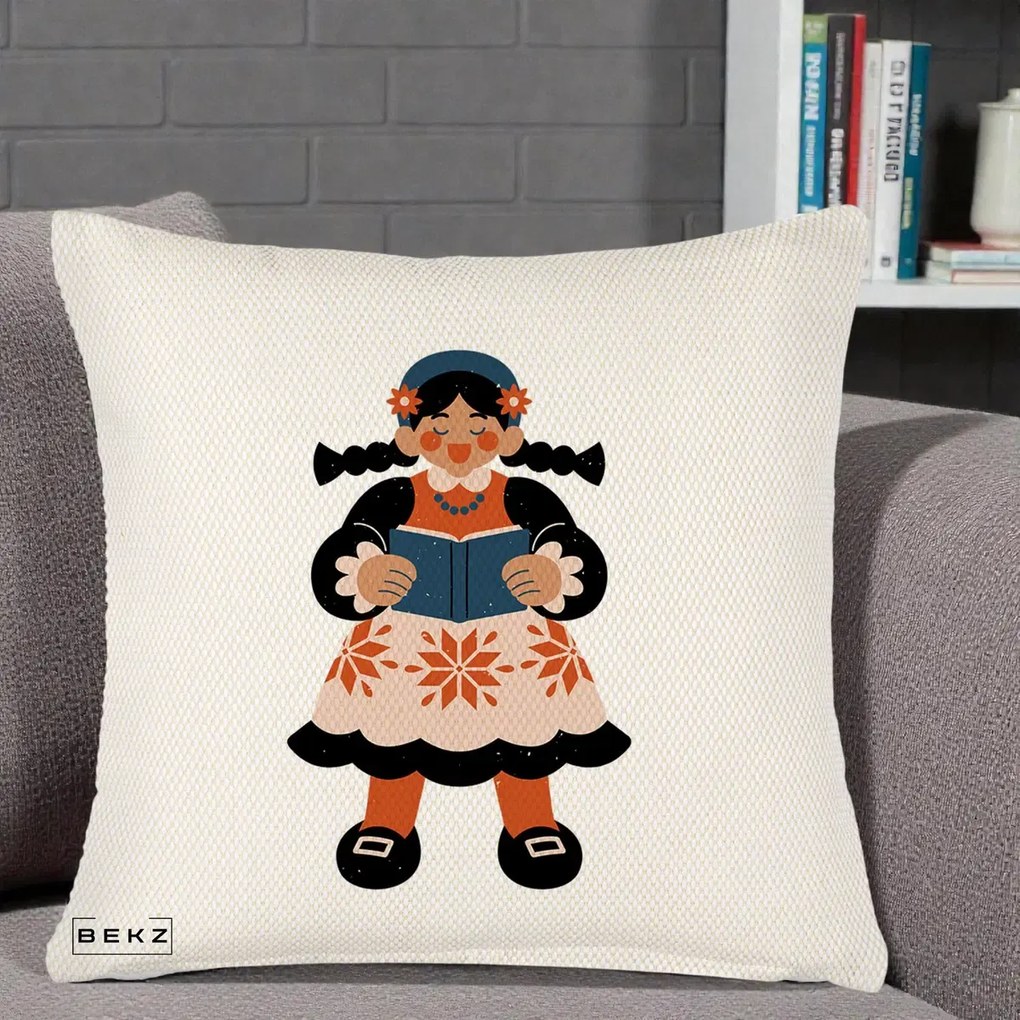 Perna Personalizata Fetita cu Carte Ilustratie Folk, 40x40 cm, Crem Reliefat, Husa Detasabila, Perna Inclusa, BEKZ®