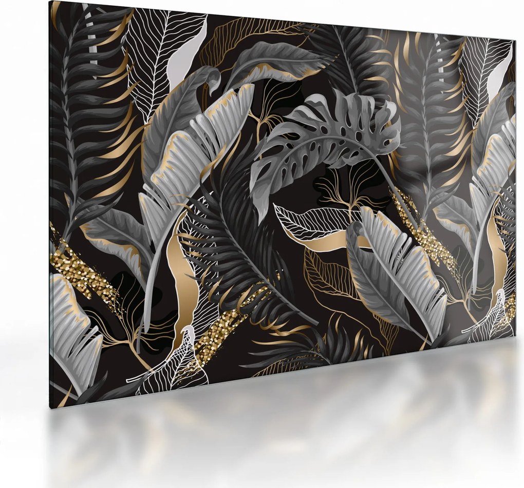 Tablou pe sticlă - Frunze tropicale, Galben - auriu (70x50 cm)