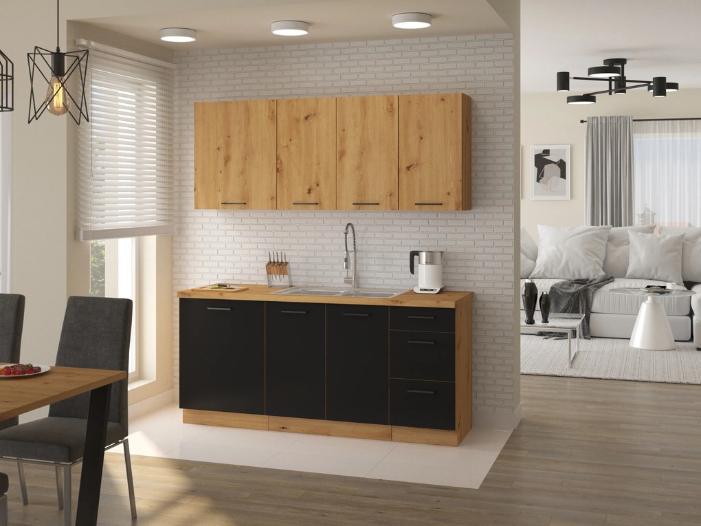 Bucătărie 180 cm Miraluna (Stejar artisan + Negru mat). 1062377