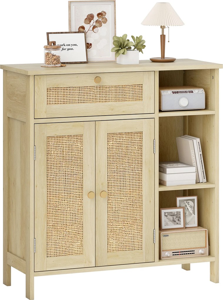 HOMCOM Bufet, mobilier de depozitare, 2 uși din ratan, sertar, nișe deschise, polițe reglabile, 75x30x79,5cm, lemn natural | Aosom Romania