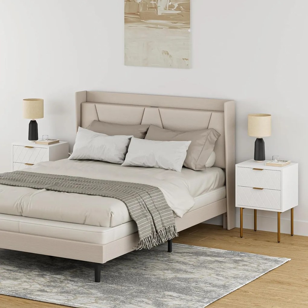 NOA41 - Set 2 Noptiere albe 40 cm, cu 2 sertare, dormitor - Alb-Auriu